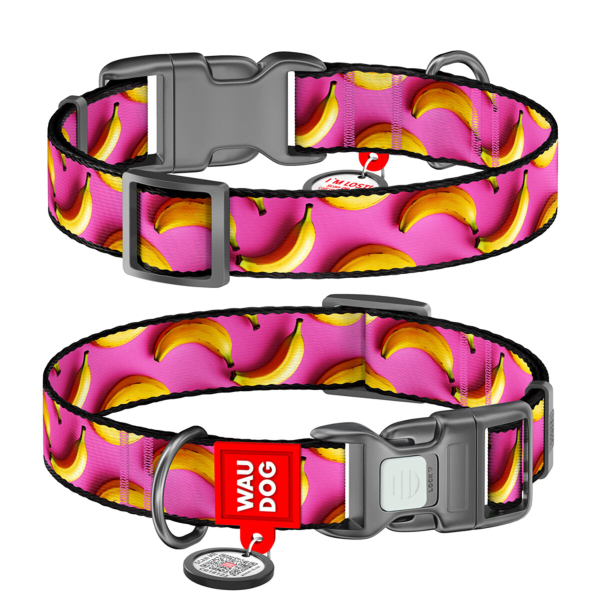 WAUDOG šuns antkaklis su QR pasu „Bananai rožiniame fone“, plotis 15 mm, ilgis 25–35 cm