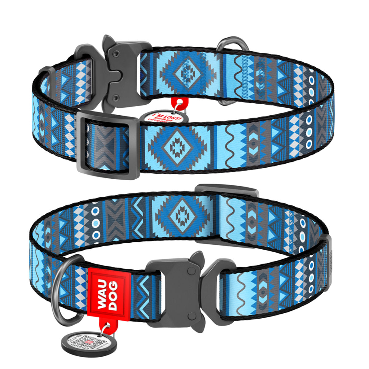 WAUDOG šuns antkaklis su QR pasu „Etno Blue“, plotis 20 mm, ilgis 28–40 cm