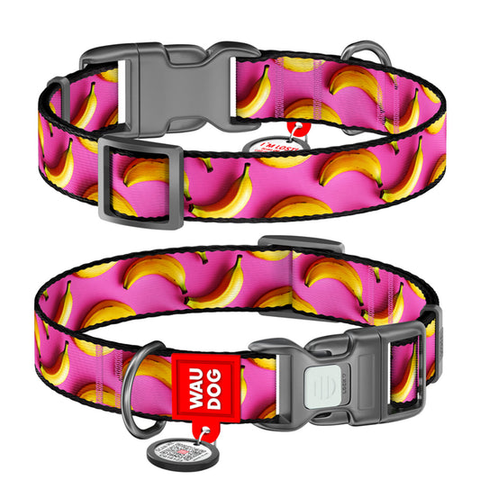 WAUDOG šuns antkaklis su QR pasu „Bananai rožiniame fone“, plotis 15 mm, ilgis 25–35 cm