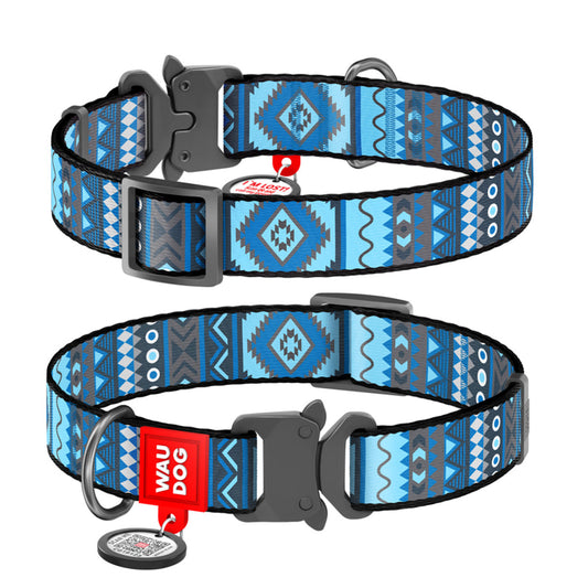 WAUDOG šuns antkaklis su QR pasu „Etno Blue“, plotis 20 mm, ilgis 28–40 cm