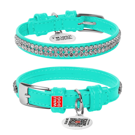 WAUDOG Glamour natūralios odos šuns antkaklis su QR pasu, mėtų spalvos, plotis 12 mm, ilgis 21–29 cm